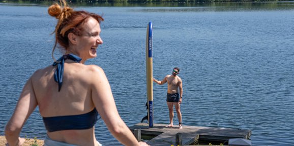 Delamere Couple By The Lake Laughing