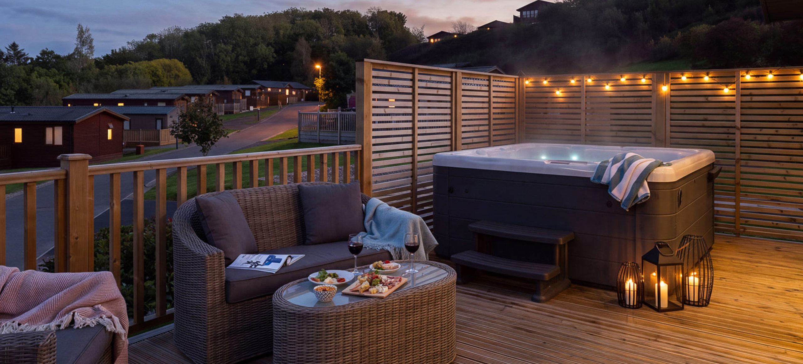 Finlake Autumn Dark Blue Sky Decking And Hot Tub