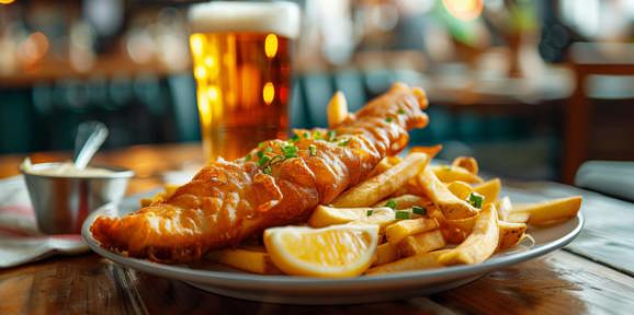 Close shot of Fish and Chips and Beer in Finlake local pub
