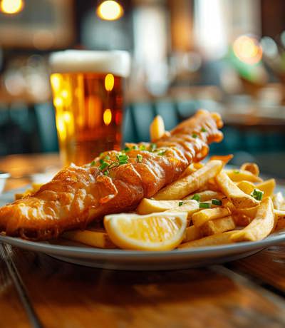 Close shot of Fish and Chips and Beer in Finlake local pub