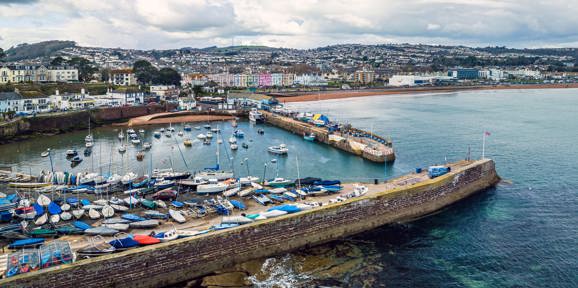 Aerial shot of Paignton Harbour And South Quay in cloudy weather