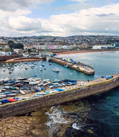 Aerial shot of Paignton Harbour And South Quay in cloudy weather