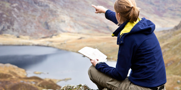 Tal Y Fan Local Area Women Hiking In Snowdonia