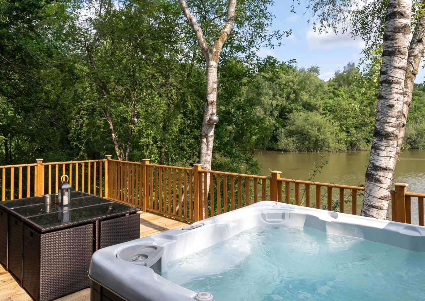 Brokerswood Hot Tub On The Decking With Lake View