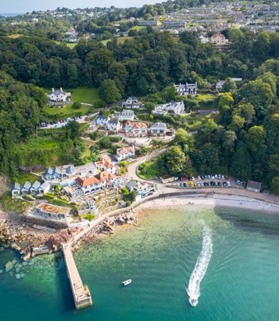 Aerial shot of Babbacombe Bay in the sunshine