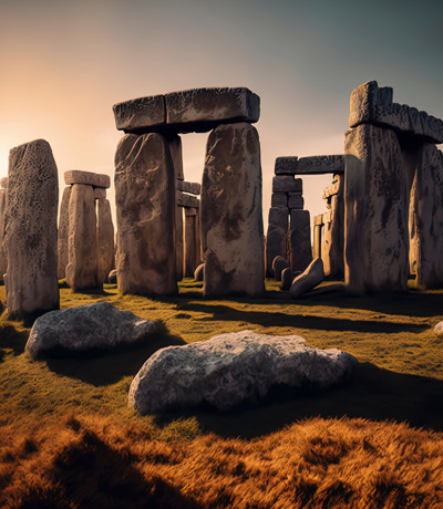 Atmospheric sunset view of Stonehenge in Wiltshire, with long shadows cast across the grassy landscape, Near Brokerswood Holiday Park.
