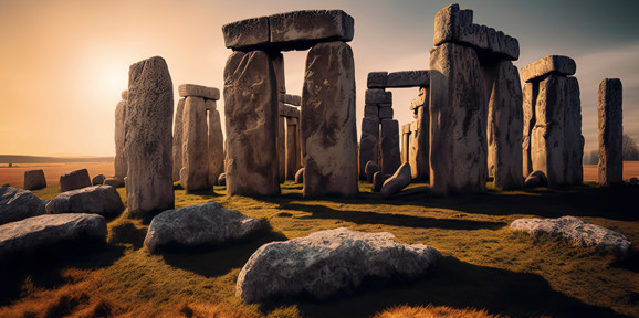 Atmospheric sunset view of Stonehenge in Wiltshire, with long shadows cast across the grassy landscape, Near Brokerswood Holiday Park.