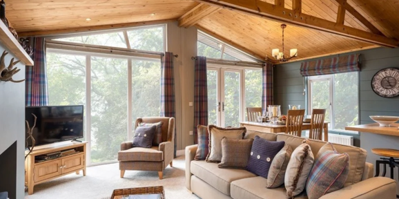 Prestige Foresters, patio windows in lounge at Brokerswood