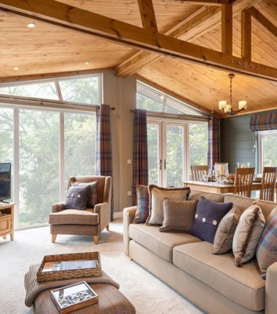 Prestige Foresters, patio windows in lounge at Brokerswood