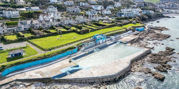 Aerial shot of Shoalstone Lido Brixham in the sun