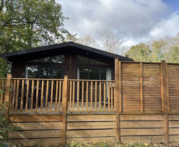 Prestige Foresters, exterior with decking at Brokerswood