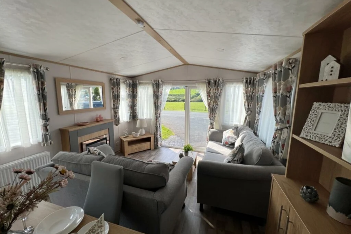Carnaby Silverdale, living room patio doors at Talyfan