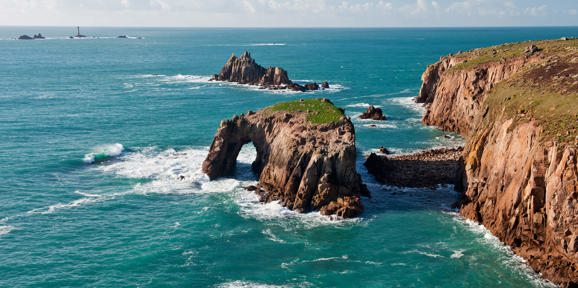Stunning cliff and rock arch at Land’s End Cornwall near Praa Sand Holiday Park.