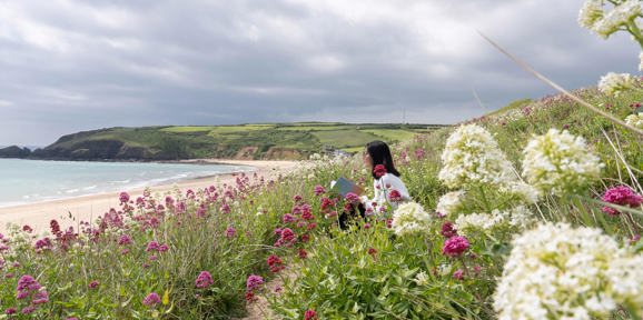 A lady sitting among pink and white coastal flowers reading with views of Praa Sands beach near Praa Sand Holiday Park