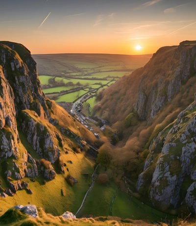 Dramatic sunset over Cheddar Gorge with cliffs, rolling hills, and countryside below, Near Brokerswood Holiday Park.