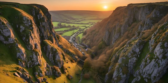Dramatic sunset over Cheddar Gorge with cliffs, rolling hills, and countryside below, Near Brokerswood Holiday Park.