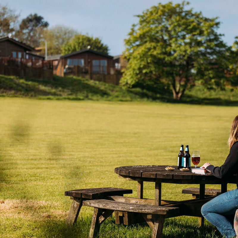 Person enjoying a drink at a picnic table on a grassed field with holiday homes in the background